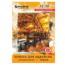 Папка для акварели А3, 297х420 мм, 10 л., BRAUBERG, внутренний блок бумага ГОЗНАК 'Скорлупа', 200 г/м2, 125221