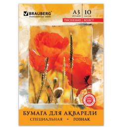 Папка для акварели А3, 297х420 мм, 10 л., BRAUBERG, внутренний блок бумага ГОЗНАК 'Холст', 200 г/м2, 125222