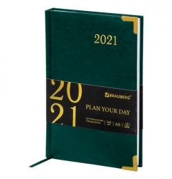 Ежедневник датированный 2021 А5 (138х213 мм) BRAUBERG "Senator", кожзам, зеленый, 111412