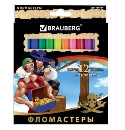 Фломастеры BRAUBERG 'Корсары', 12 цветов, вентилируемый колпачок, картонная упаковка с золотистым тиснением, 150564