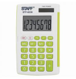 Калькулятор карманный STAFF STF-6238 (104х63 мм), 8 разядов, двойное питание, БЕЛЫЙ С ЗЕЛЁНЫМИ КНОПКАМИ, блистер, 250283