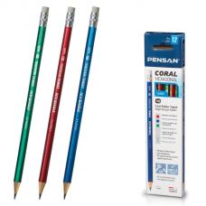 Карандаш чернографитный PENSAN, 1 шт., CORAL, НВ, с резинкой, корпус ассорти, заточенный, 16600
