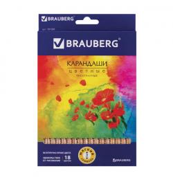 Карандаши цветные BRAUBERG 'Цветы', набор 18 цветов, трехгранные, лакированное дерево, 181289