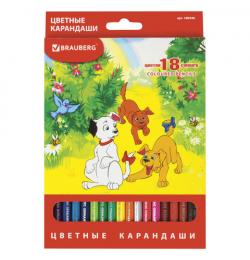 Карандаши цветные BRAUBERG 'My lovely dogs', 18 цветов, заточенные, картонная упаковка, 180546