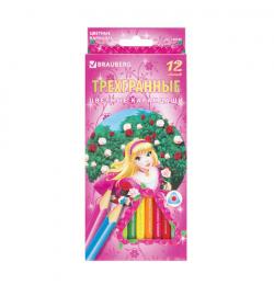 Карандаши цветные BRAUBERG 'Rose Angel', 12 цветов, трехгранные, заточенные, картонная упаковка, 180594