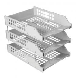 Лотки горизонтальные для бумаг, НАБОР 3 шт. (340х260х240 мм), на металлических стержнях, серые, "Strong", ЛТ111