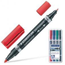 Маркеры перманентные (нестираемые) STAEDTLER 'Lumocolor duo', набор 4 штуки, двусторонние, круглые, 0,6/1,5 мм, 348 WP4