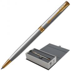 Ручка подарочная шариковая PARKER 'Sonnet Core Stainless Steel GT Slim', тонкий серебристый корпус, позолота, черная, 1931508