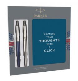 Набор: 2 шариковые ручки PARKER 'Jotter Waterloo Blue CT' и 'Stainless Steel CT', синие и блокнот, 2062782