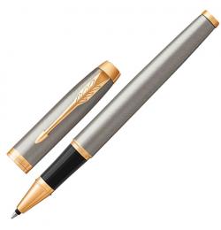 Ручка-роллер подарочная PARKER 'IM Core Brushed Metal GT', полированный металл, позолоченные детали, черная,1931663