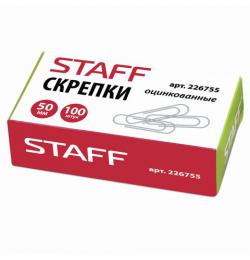 Скрепки STAFF, 50 мм, оцинкованные, 100 шт., в картонной коробке, Россия, 226755