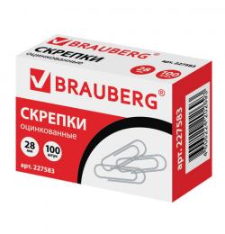 Скрепки BRAUBERG, 28 мм, оцинкованные, 100 шт., в картонной коробке, 227583